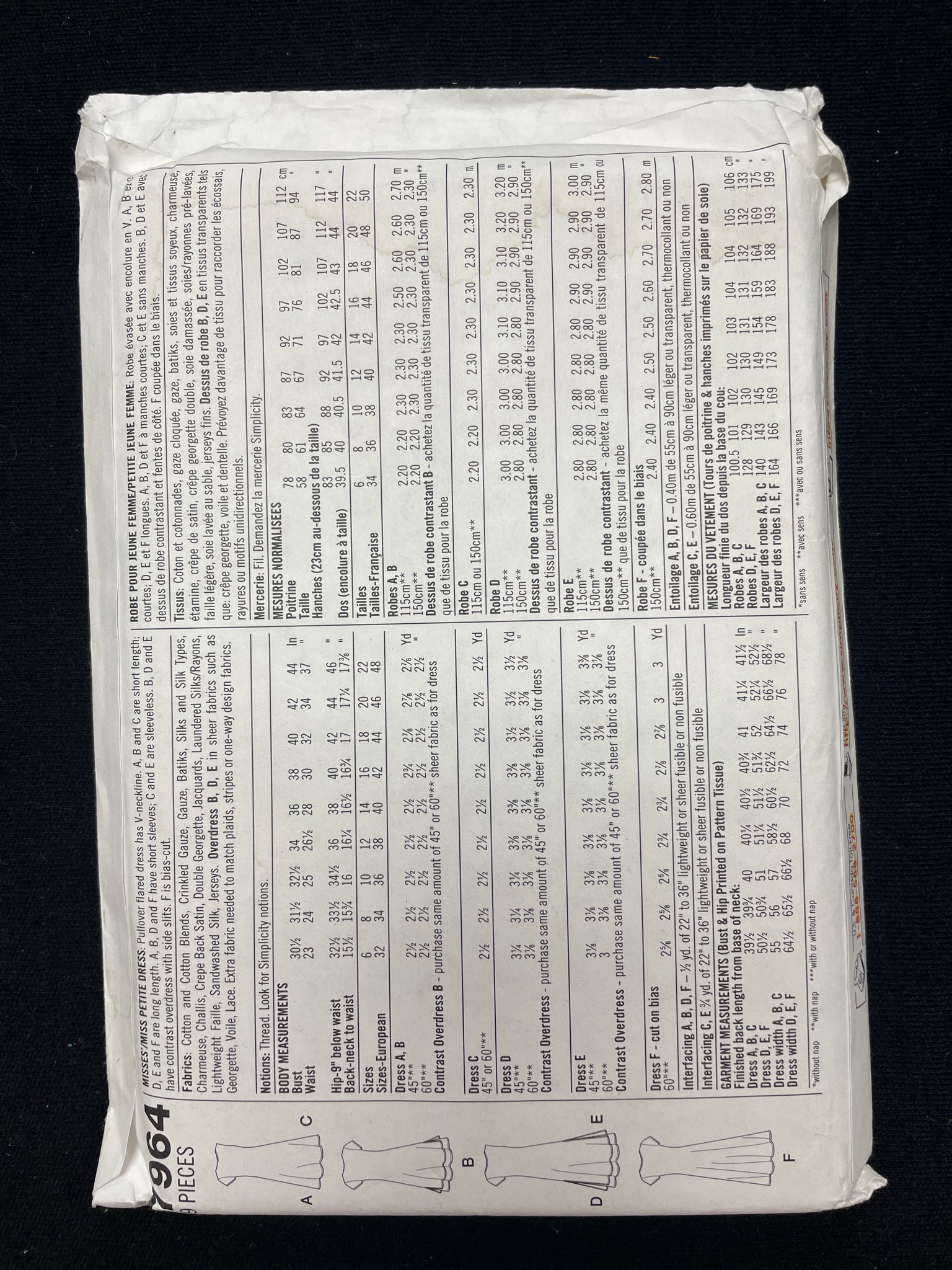 1997 Simplicity 7964 Sewing Pattern - Adult Dress FACTORY FOLDED