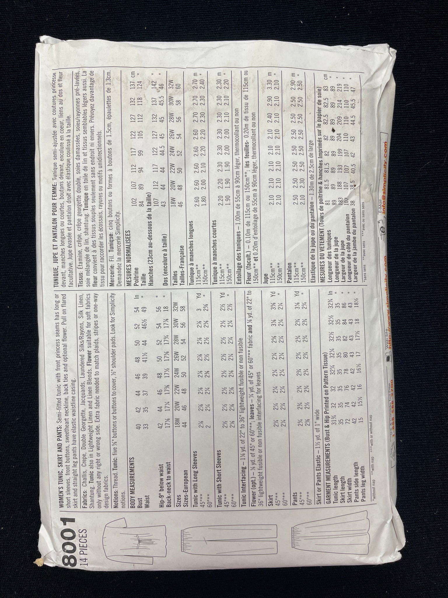 1997 Simplicity 8001 Sewing Pattern - Adult Tunic, Blouse, Skirt and Pants FACTORY FOLDED