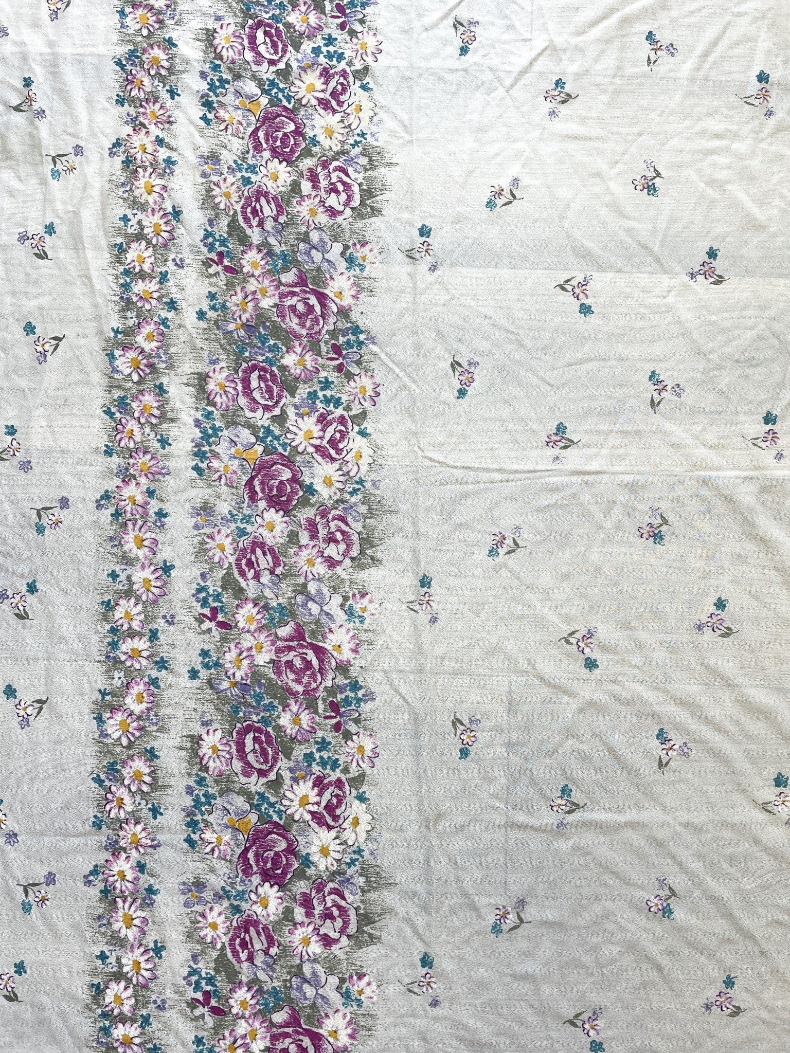 1 1/8 YD Nylon Knit with 2 Floral Borders - Off White with Purple Flowers