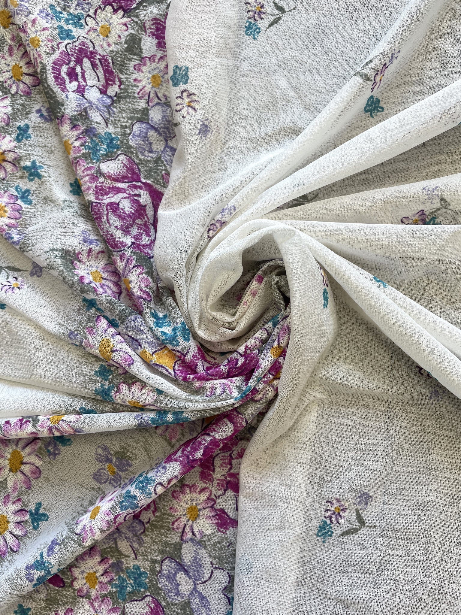 1 1/8 YD Nylon Knit with 2 Floral Borders - Off White with Purple Flowers