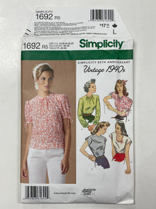 1940's Simplicity 1692 Sewing Pattern - Blouses FACTORY FOLDED
