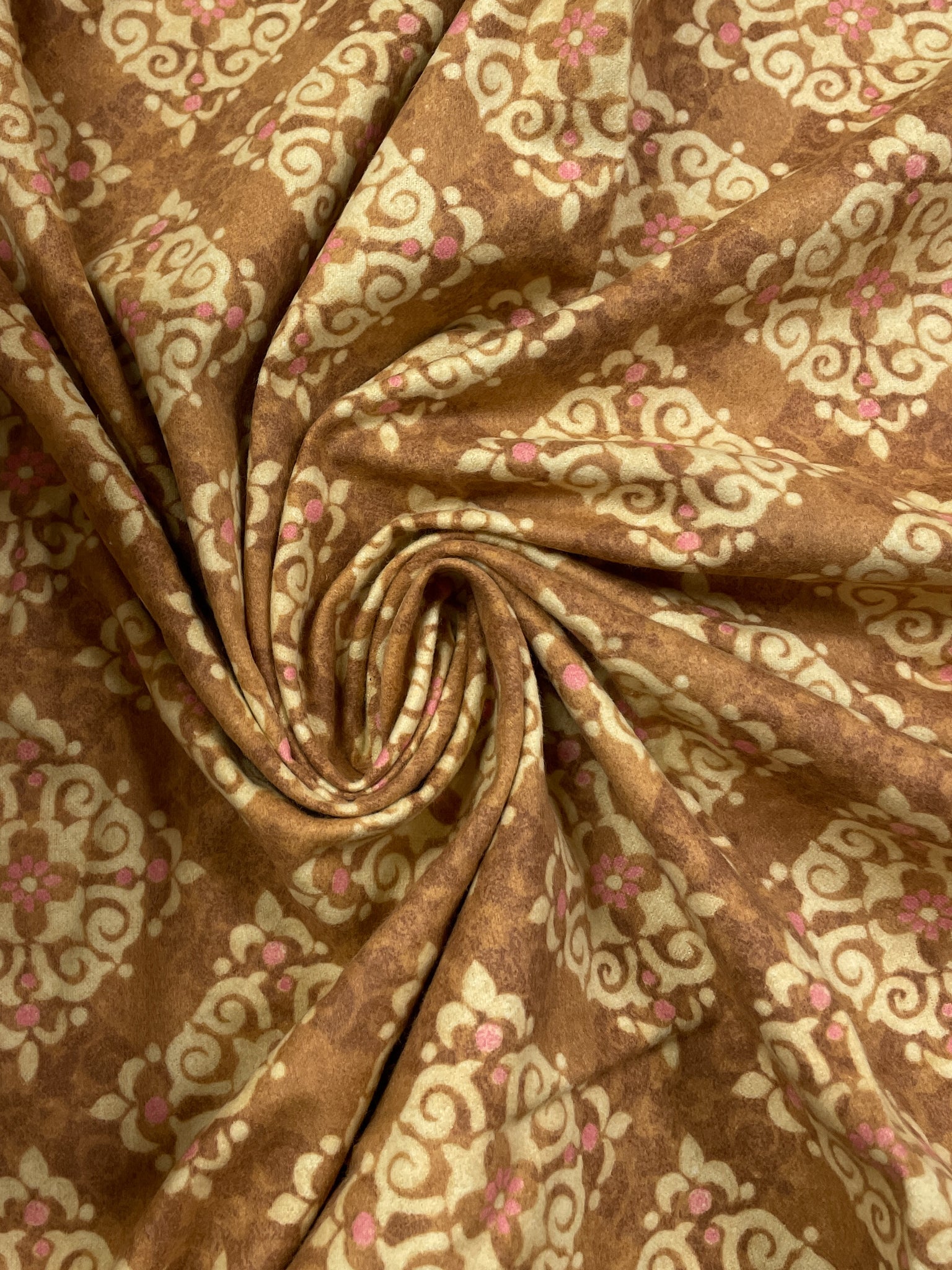 Cotton Flannel - Mottled Tan with Beige and Pink Motifs