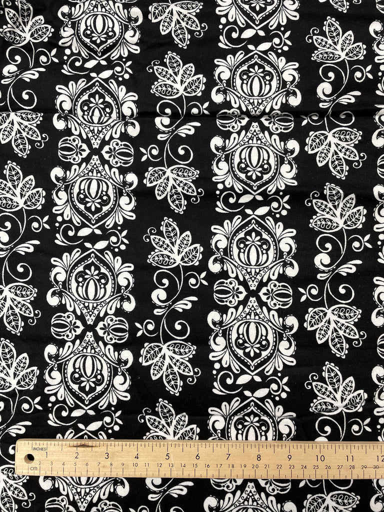 Cotton Flannel - Black and White Filigree Stripes