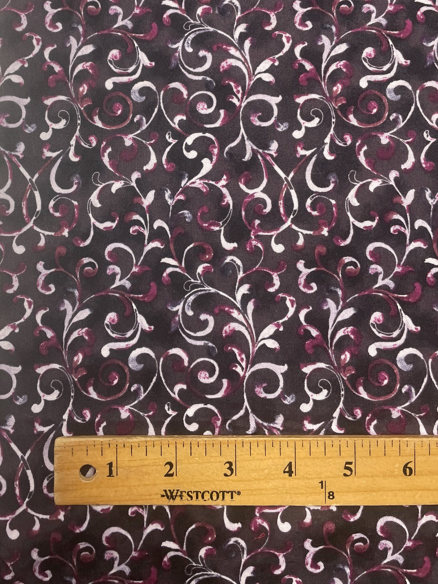 1 YD Quilting Cotton - White and Magenta Filigree on Mottled Black