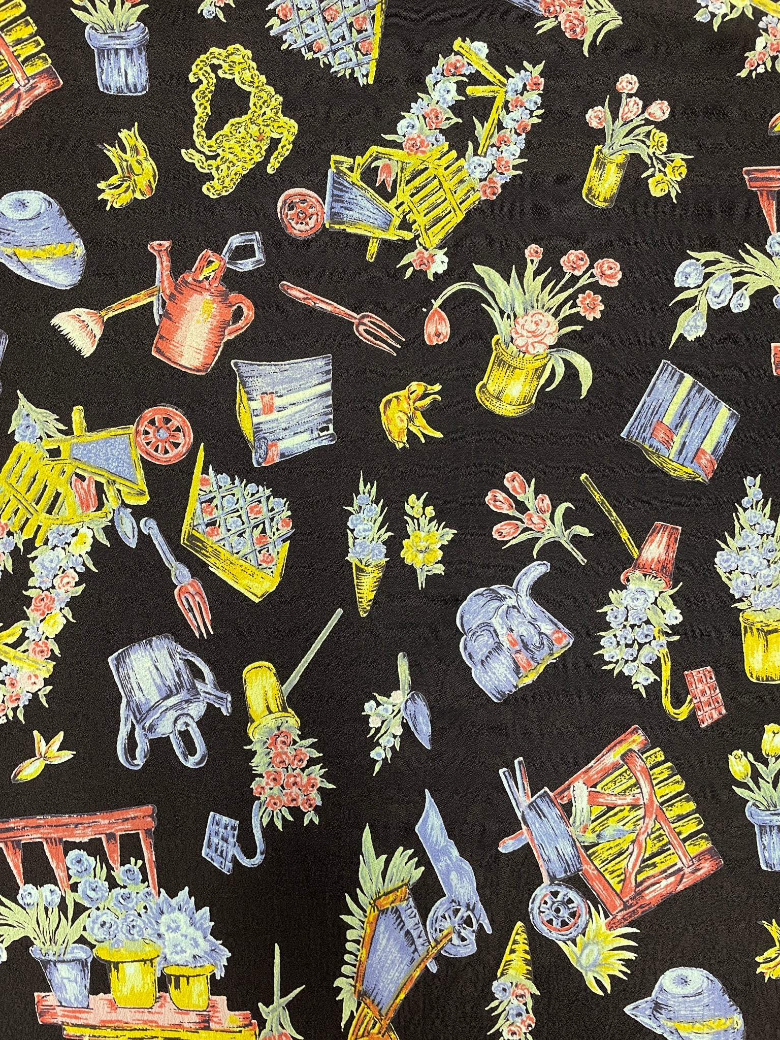 Rayon Lightweight Crepe Vintage - Gardening Graphics on Black