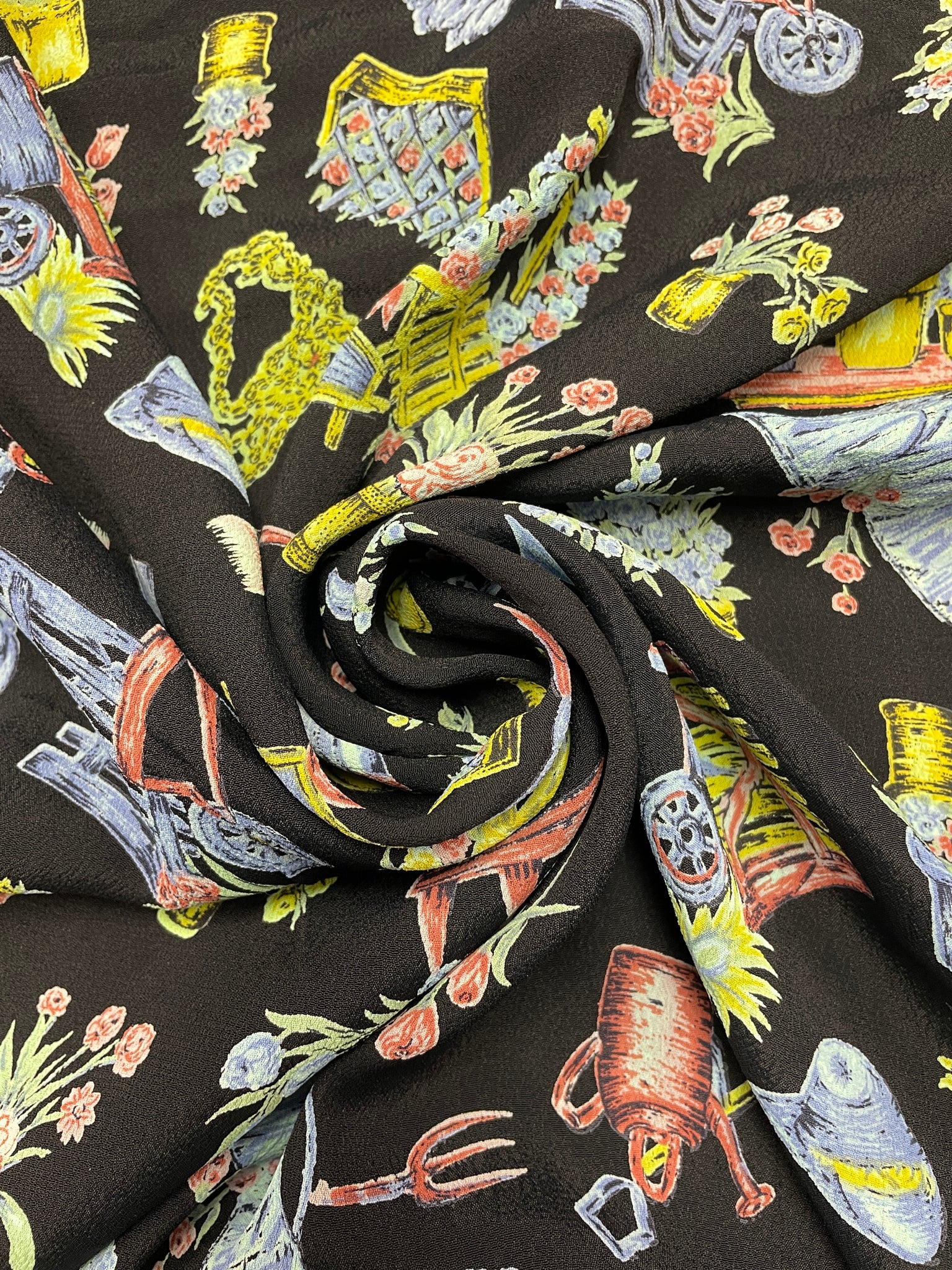 Rayon Lightweight Crepe Vintage - Gardening Graphics on Black