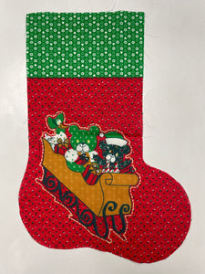 Poly/Cotton Christmas Stocking Panel Vintage - Red and Green Calico With Teddy Bears in a Sled
