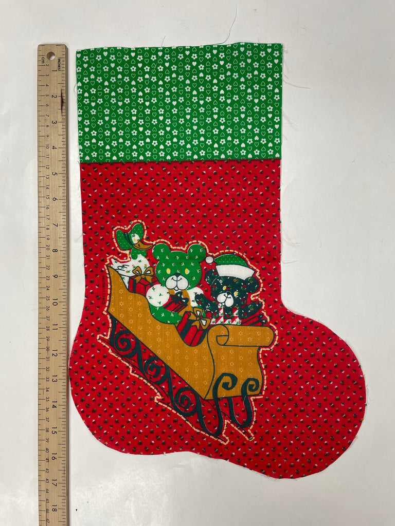 Poly/Cotton Christmas Stocking Panel Vintage - Red and Green Calico With Teddy Bears in a Sled