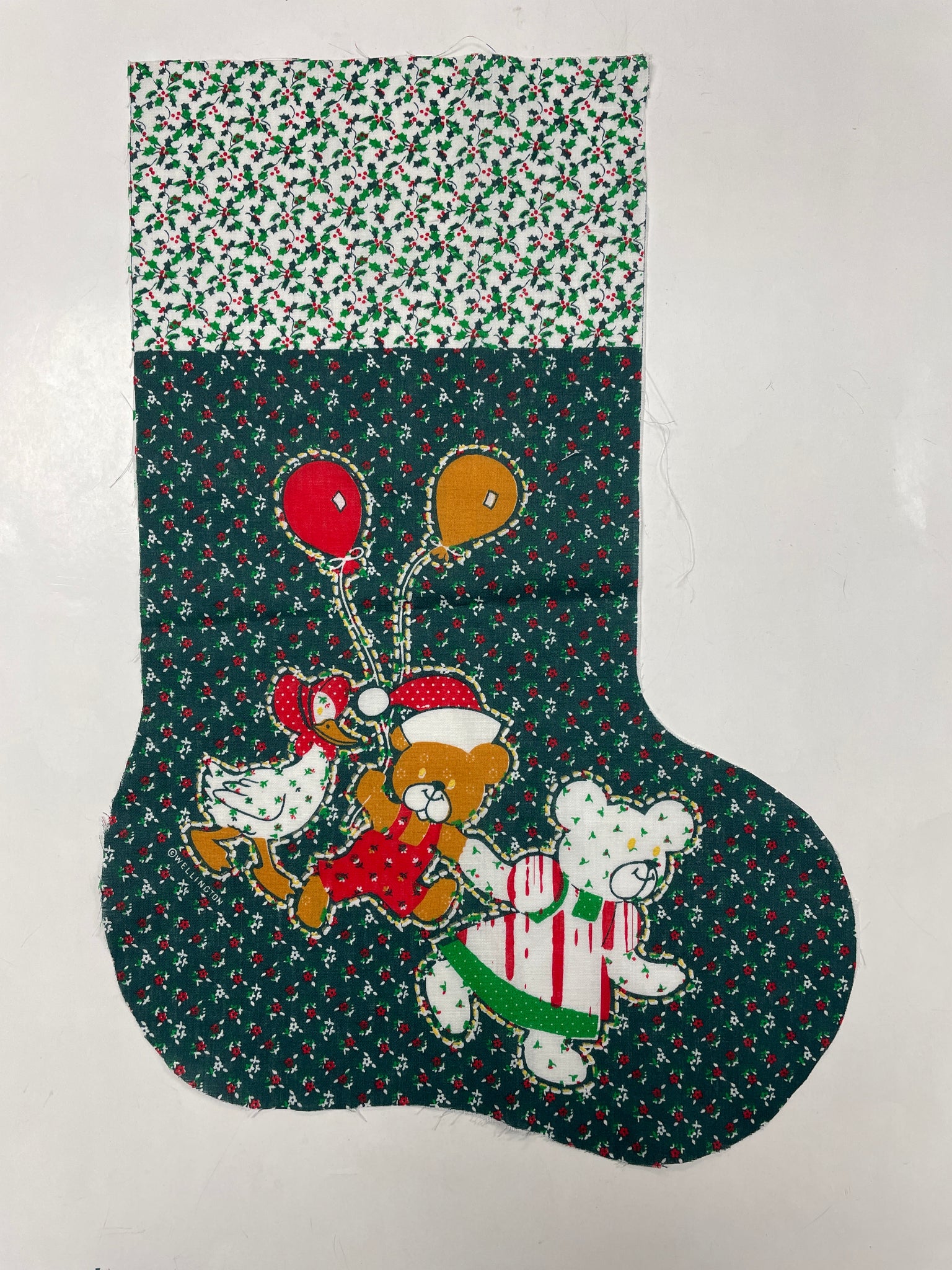 Poly/Cotton Christmas Stocking Panel Vintage - Green Calico With Teddy Bears with Goose