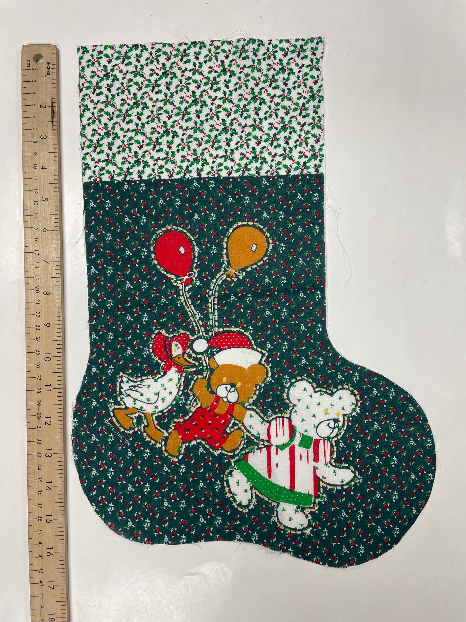 Poly/Cotton Christmas Stocking Panel Vintage - Green Calico With Teddy Bears with Goose