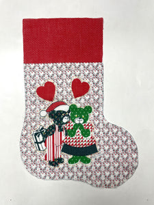 Poly/Cotton Christmas Stocking Panel Vintage - White and Red Calicos With Teddy Bears