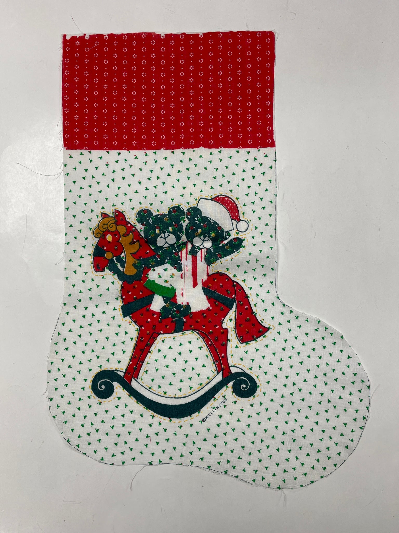 Poly/Cotton Christmas Stocking Panel Vintage - Red and White Calicos With Teddy Bears on Rocking a Horse