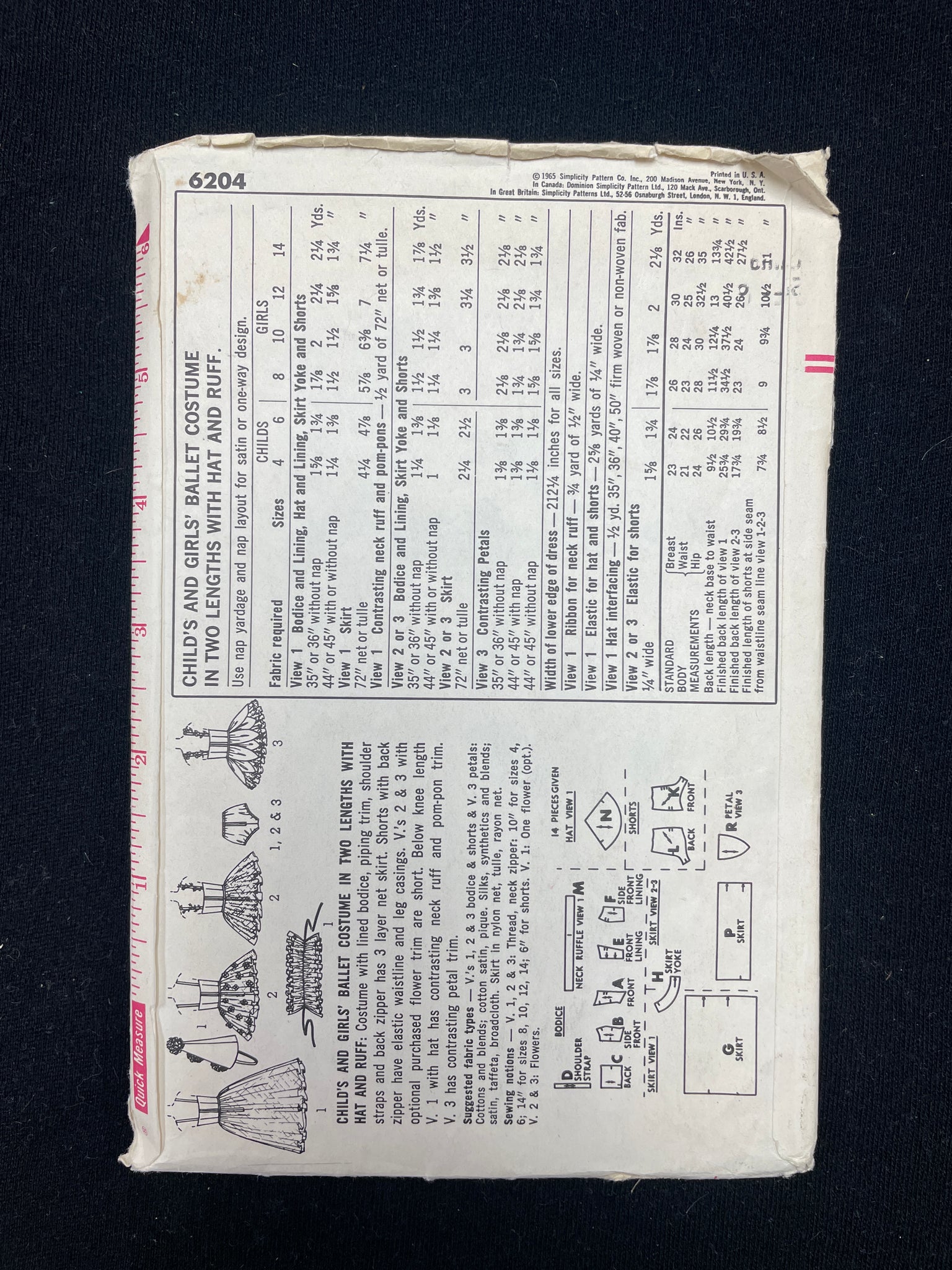 1965 Simplicity 6204 Sewing Pattern - Child's Ballet Costumes