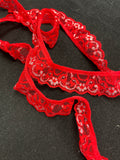 3 7/8 YD Polyester Gathered Lace Trim Vintage - Red with Gray Flowers