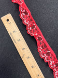 3 7/8 YD Polyester Gathered Lace Trim Vintage - Red with Gray Flowers