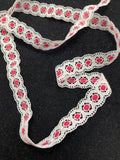 6 1/4 YD Polyester Lace Trim Vintage - White with Red Dots