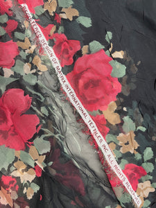 Nylon Crinkle Chiffon Vintage - Red Roses  and Green Leaves on Black
