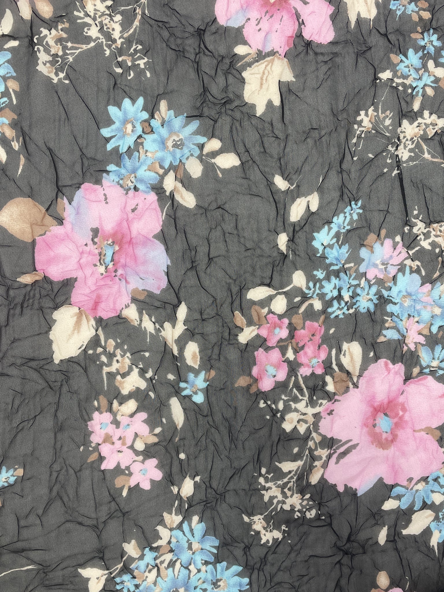 Nylon Crinkle Chiffon Vintage - Pink, Turquoise and Beige Flowers on Black