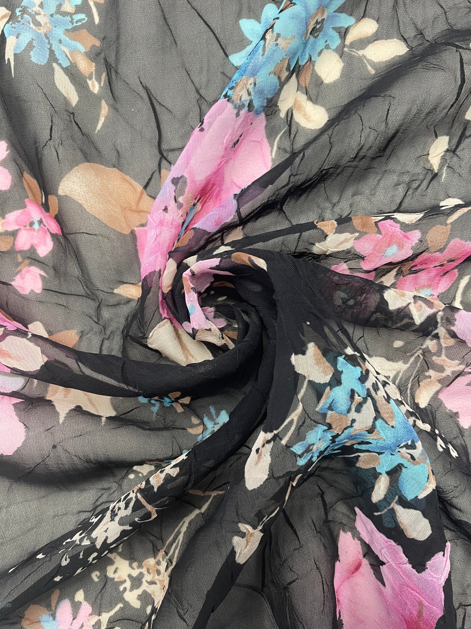 Nylon Crinkle Chiffon Vintage - Pink, Turquoise and Beige Flowers on Black