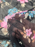Nylon Crinkle Chiffon Vintage - Pink, Turquoise and Beige Flowers on Black