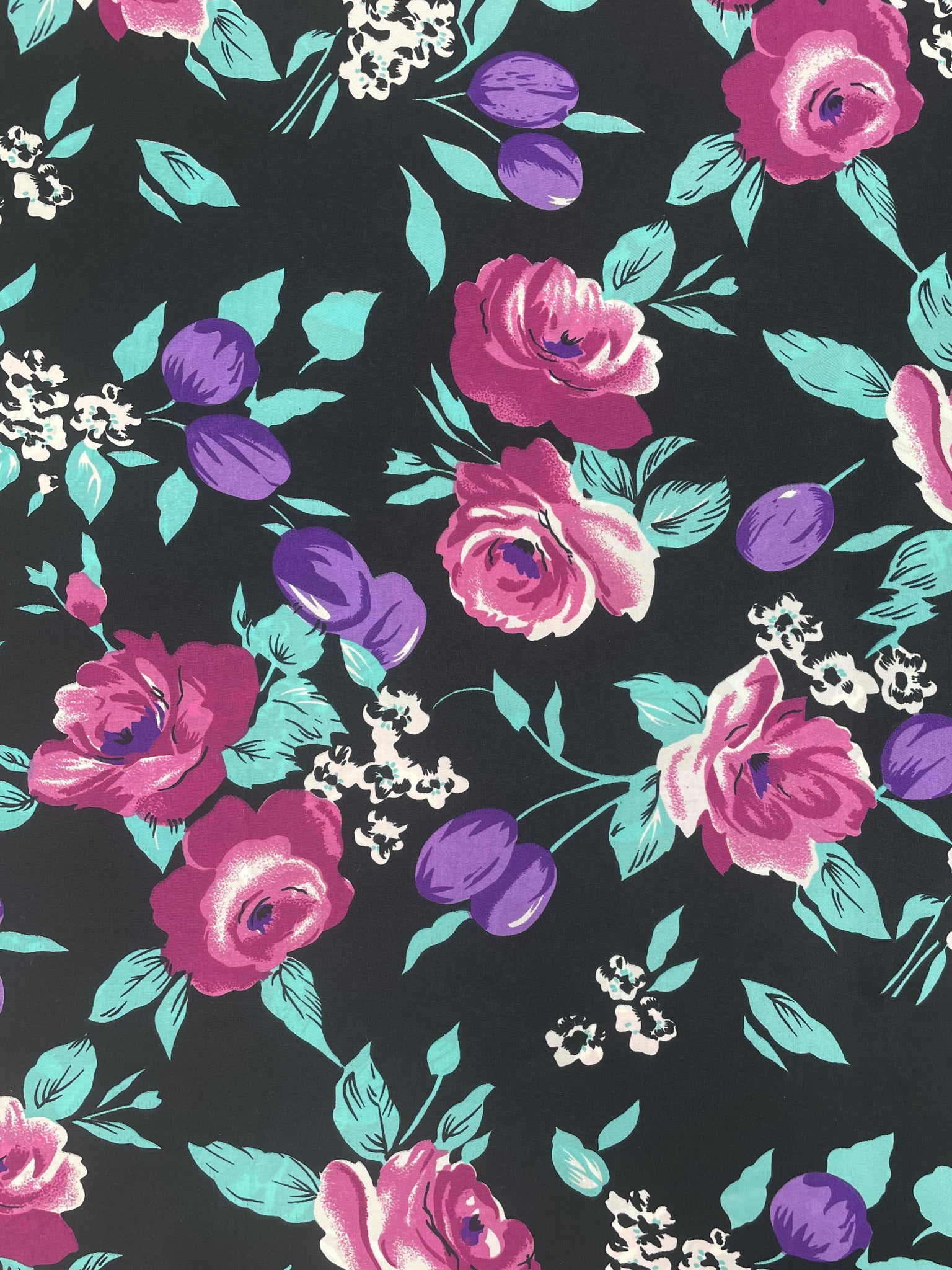 Polyester Vintage - Purple and Fuchsia Flowers with Aqua Leaves on Black