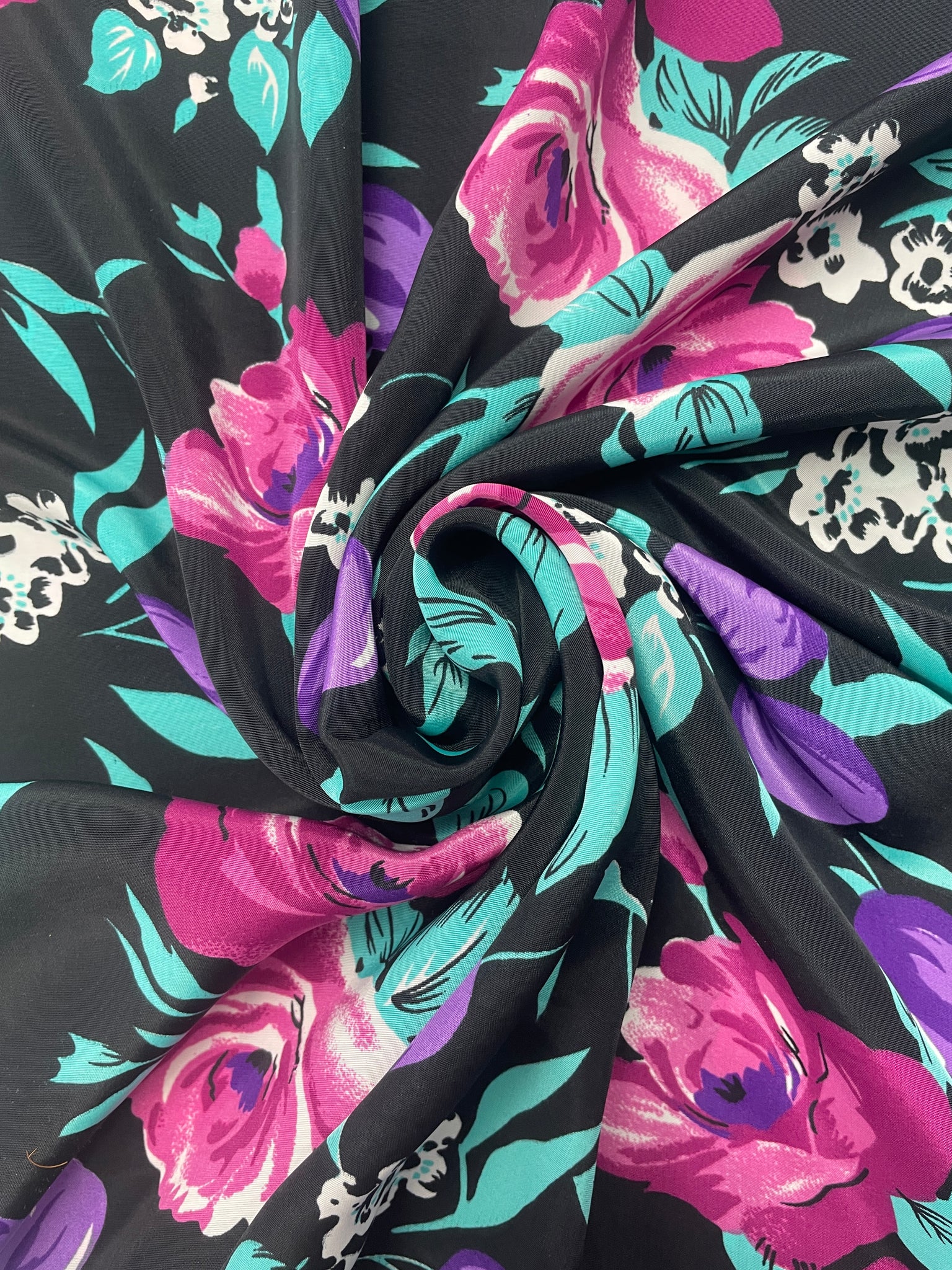 Polyester Vintage - Purple and Fuchsia Flowers with Aqua Leaves on Black