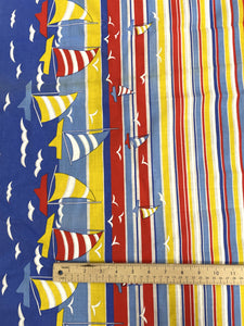 2 YD Cotton/Poly with Border Batiste Vintage - Red, Yellow, Blue and White Stripes with Sailboats