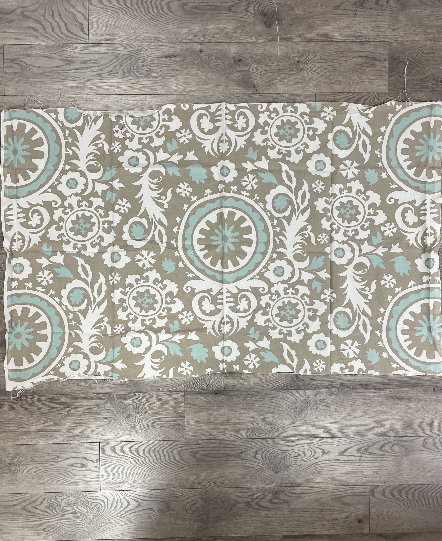 7/8 YD Cotton Duck Remnant - Large Floral Filigree in Beige, White and Aqua