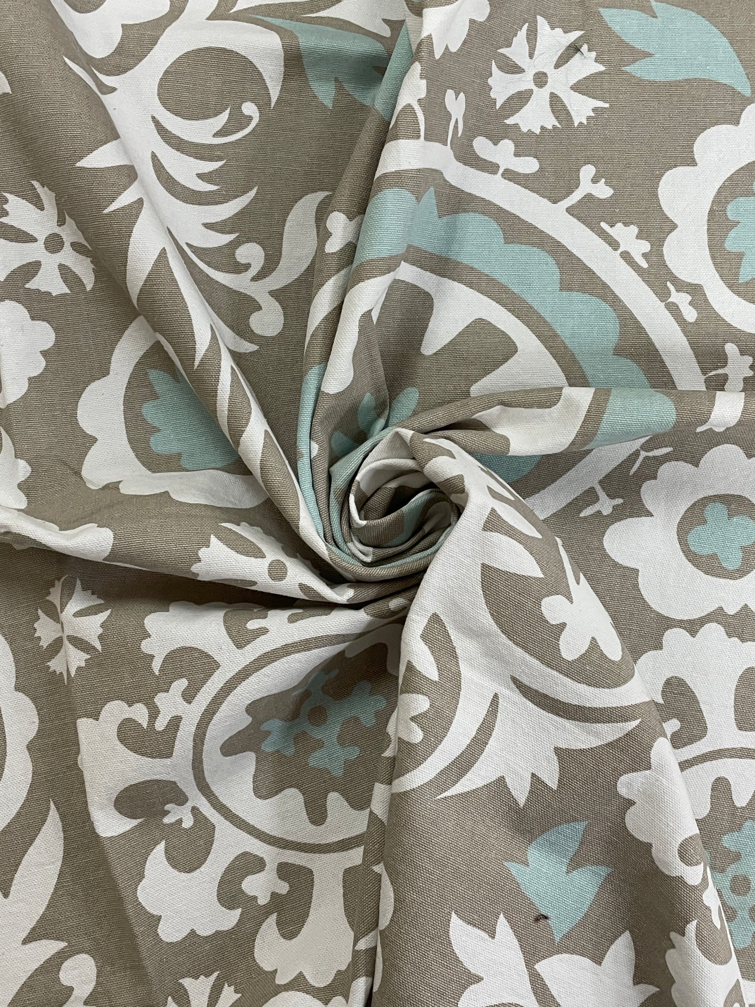7/8 YD Cotton Duck Remnant - Large Floral Filigree in Beige, White and Aqua