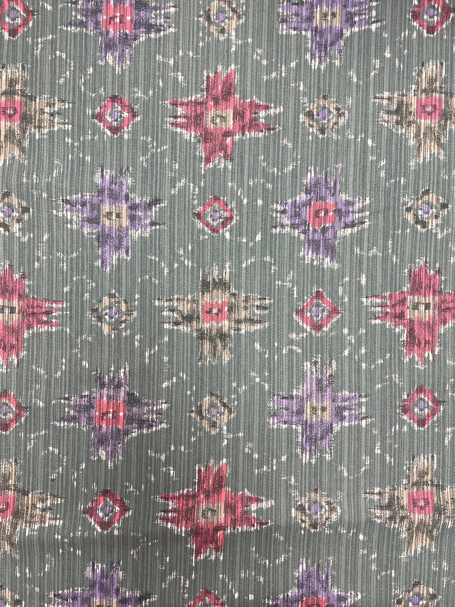 1 1/2 YD Cotton Denim Twill Printed Stripes and Madras Motifs - Muted Greens, Red, Purple and Beige