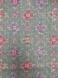 1 1/2 YD Cotton Denim Twill Printed Stripes and Madras Motifs - Muted Greens, Red, Purple and Beige