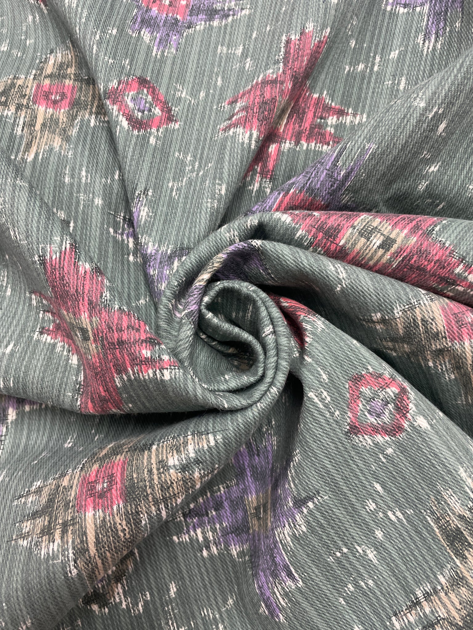 1 1/2 YD Cotton Denim Twill Printed Stripes and Madras Motifs - Muted Greens, Red, Purple and Beige