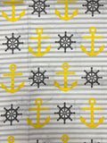 3 1/8 YD Cotton - Light Gray and White Stripes with Yellow Anchors Gray Ships' Wheels