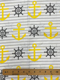 3 1/8 YD Cotton - Light Gray and White Stripes with Yellow Anchors Gray Ships' Wheels