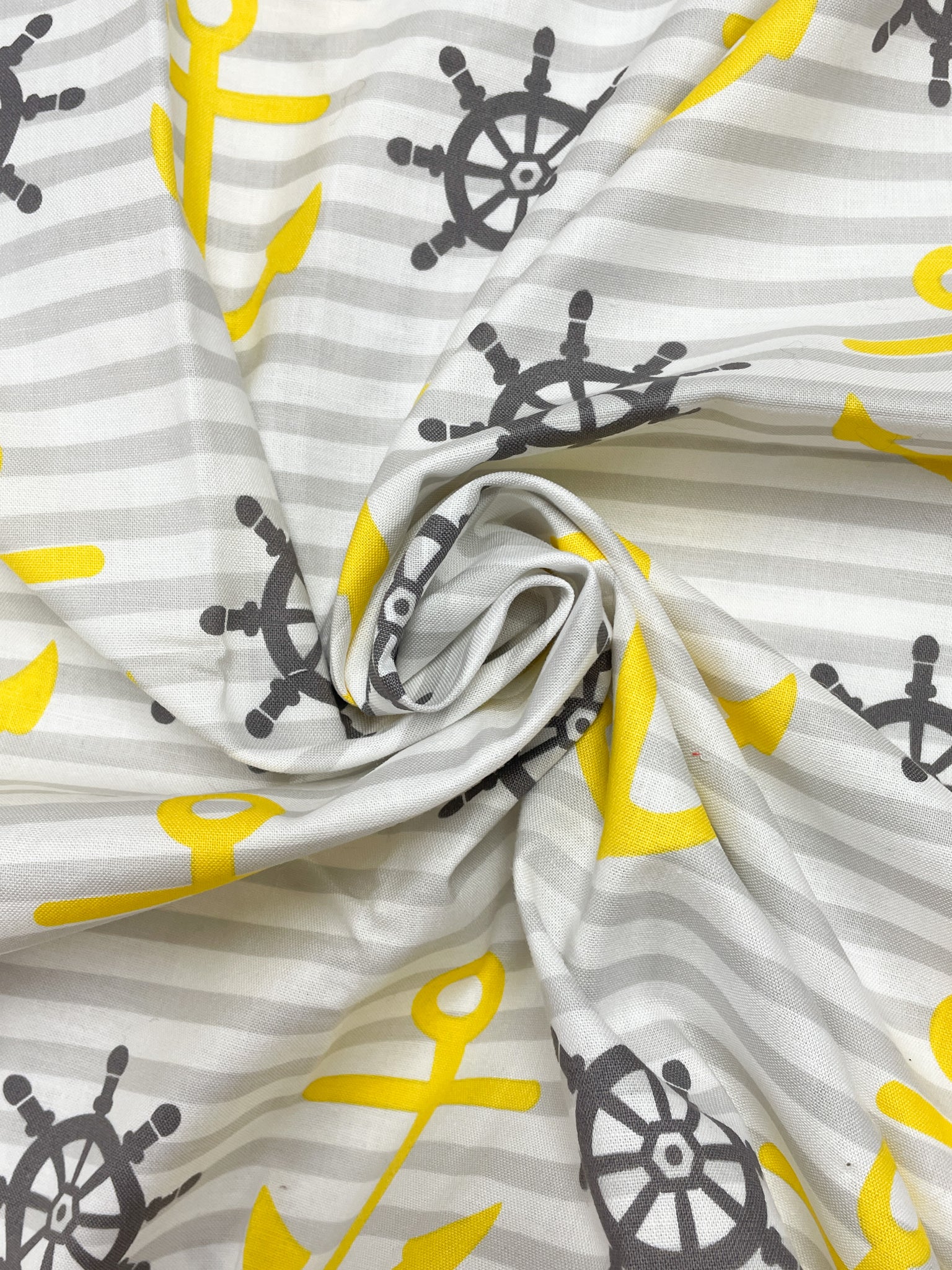 3 1/8 YD Cotton - Light Gray and White Stripes with Yellow Anchors Gray Ships' Wheels