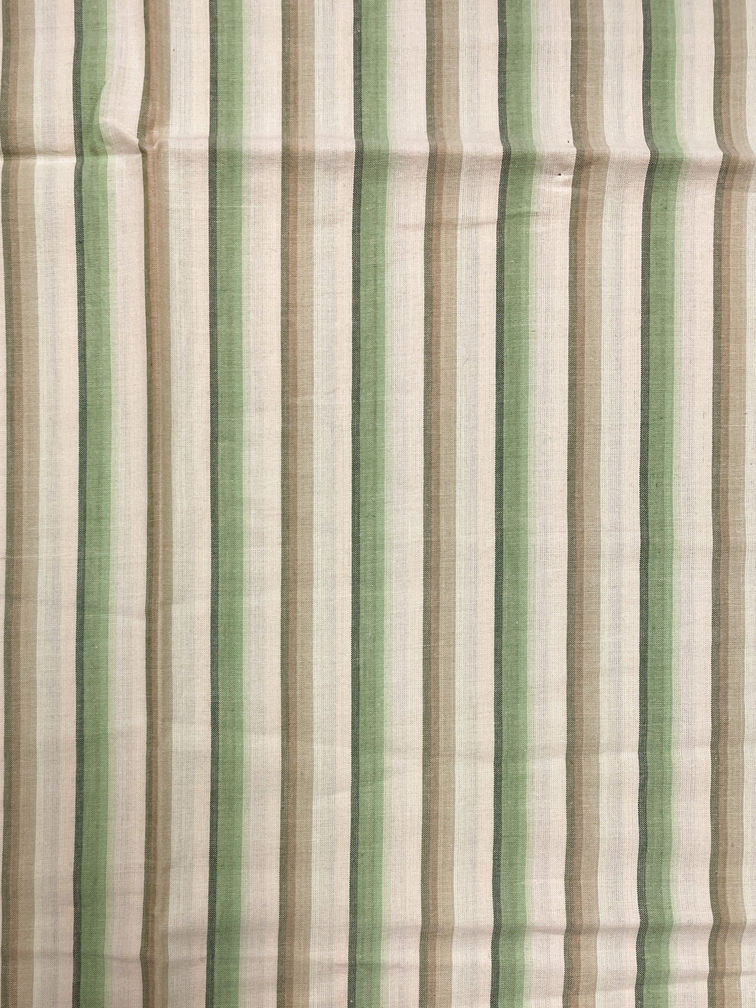 1 YD Cotton Yarn-Dyed Shirting - Light Beige with Stripes in Greens and Tan