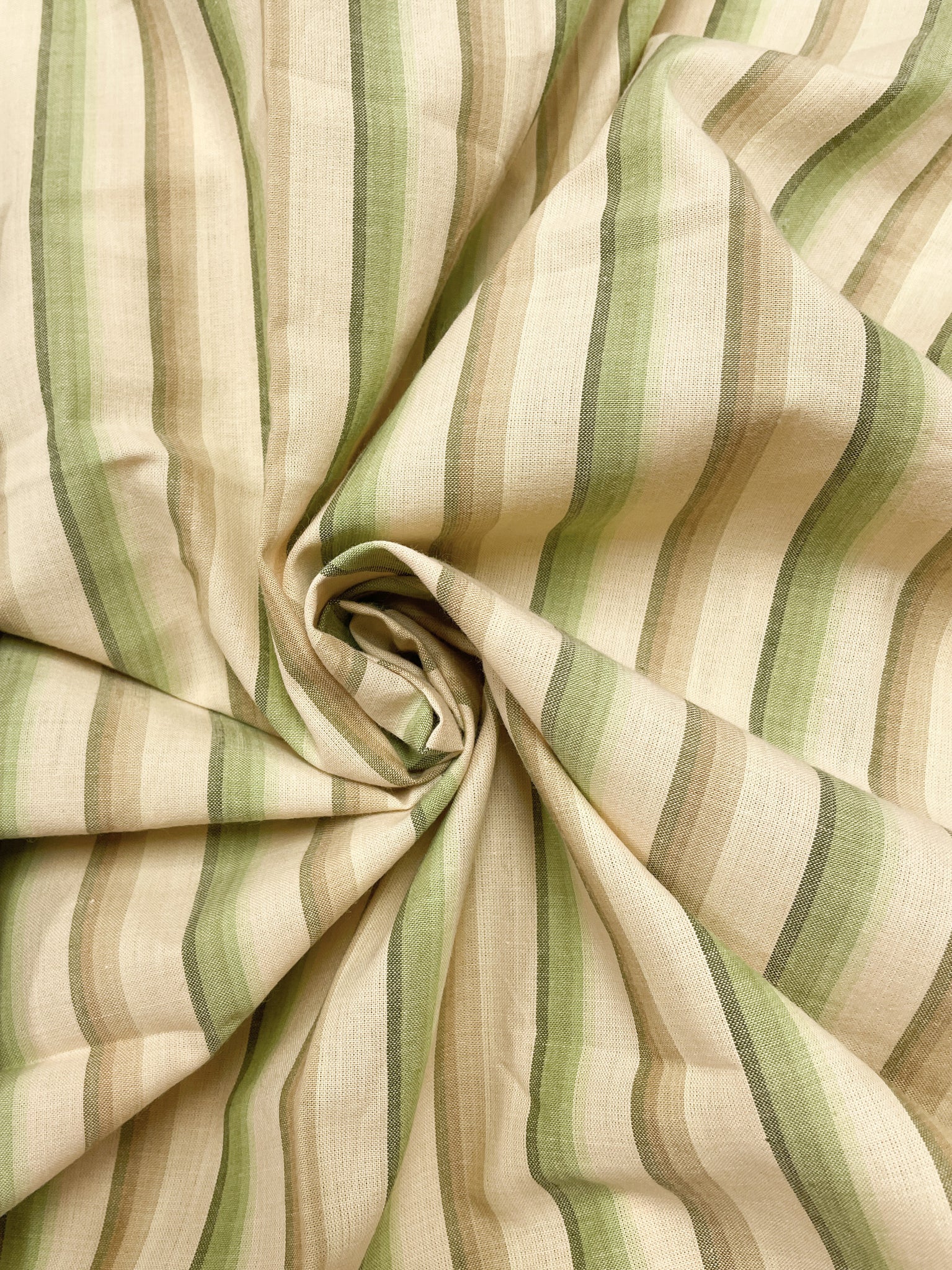 1 YD Cotton Yarn-Dyed Shirting - Light Beige with Stripes in Greens and Tan