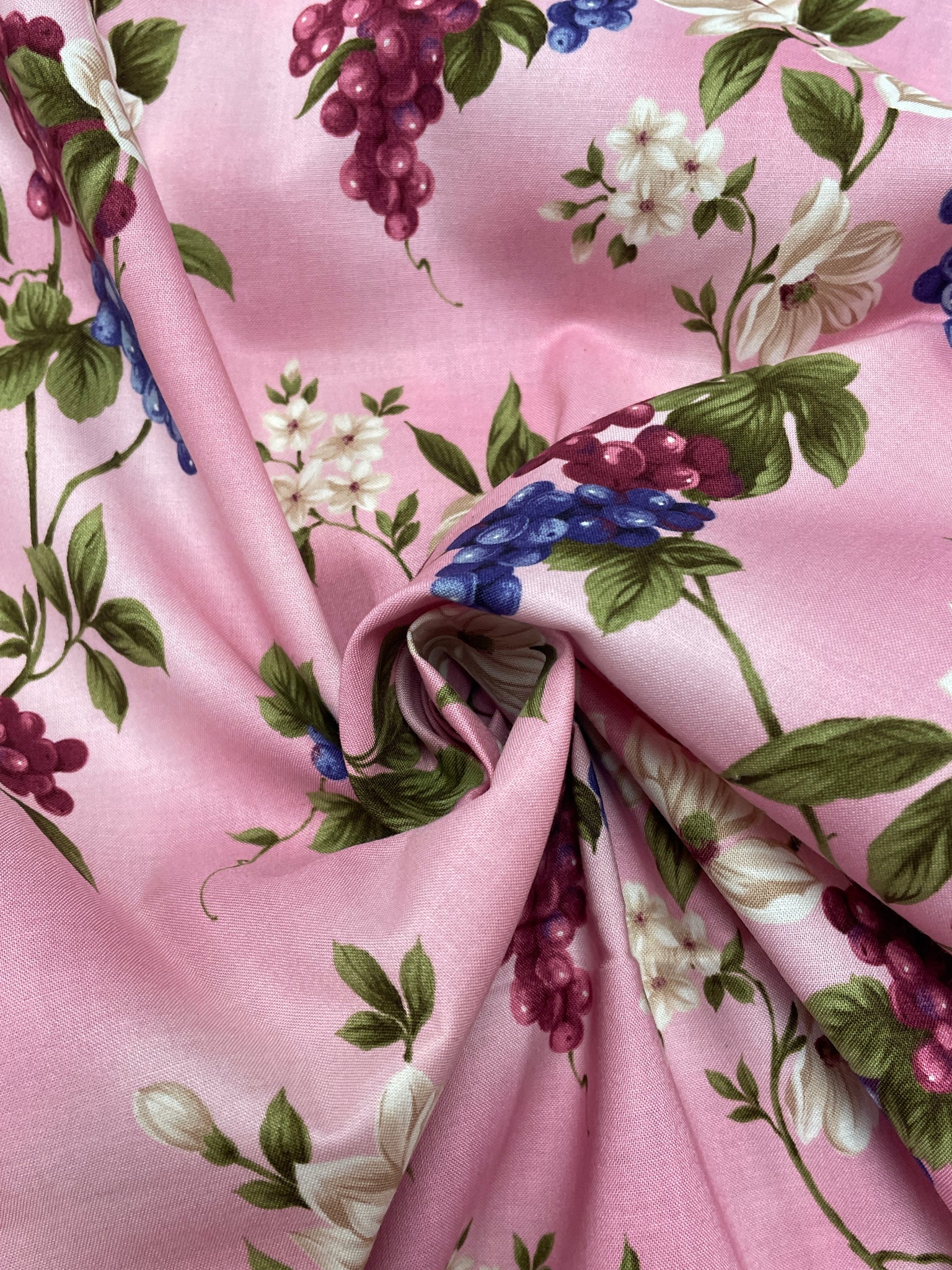 2004 3 3/4 YD Quilting Cotton Vintage - Mottled Pink with Grapes and Flowers