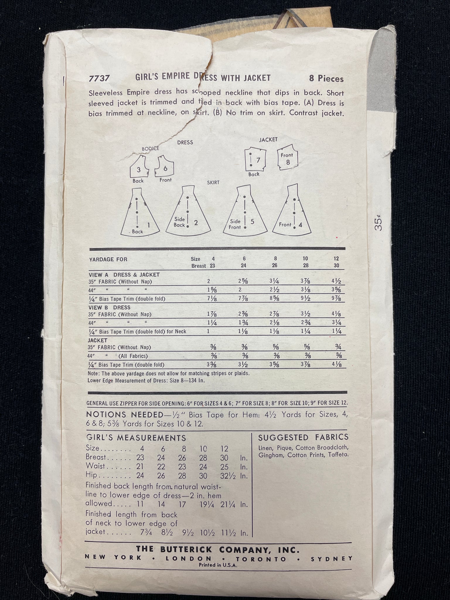 1950's Butterick 7737 Sewing Pattern - Girl's Dress with Jacket