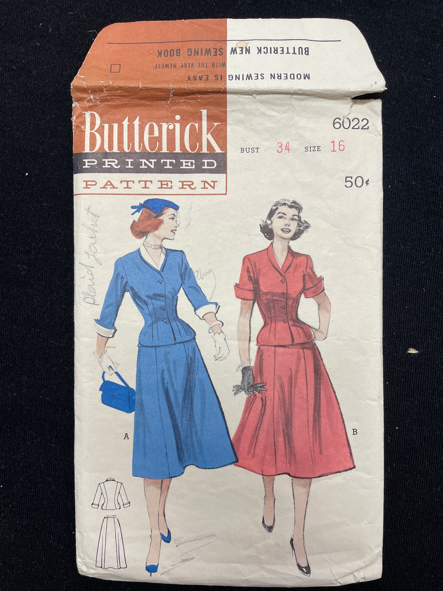 1950's Butterick 6022 Sewing Pattern - Adult 2-Piece Suit Dress