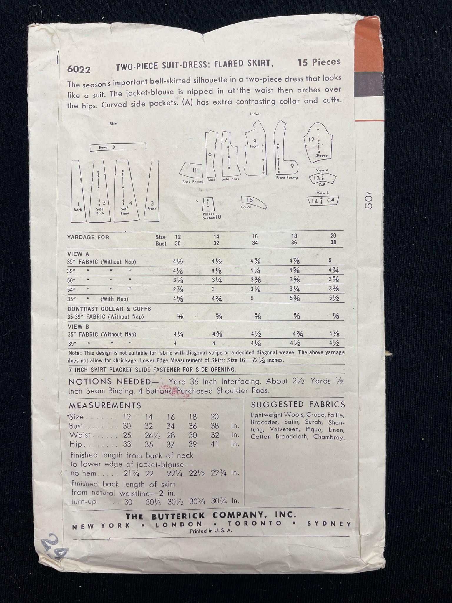 1950's Butterick 6022 Sewing Pattern - Adult 2-Piece Suit Dress