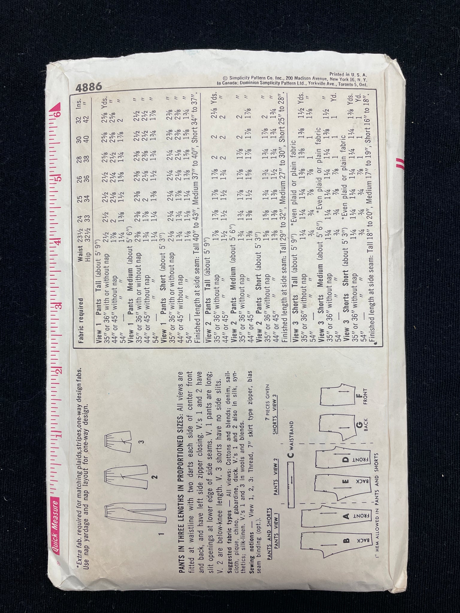 1950s Simplicity 4886 Sewing Pattern - Adult Pants and Shorts