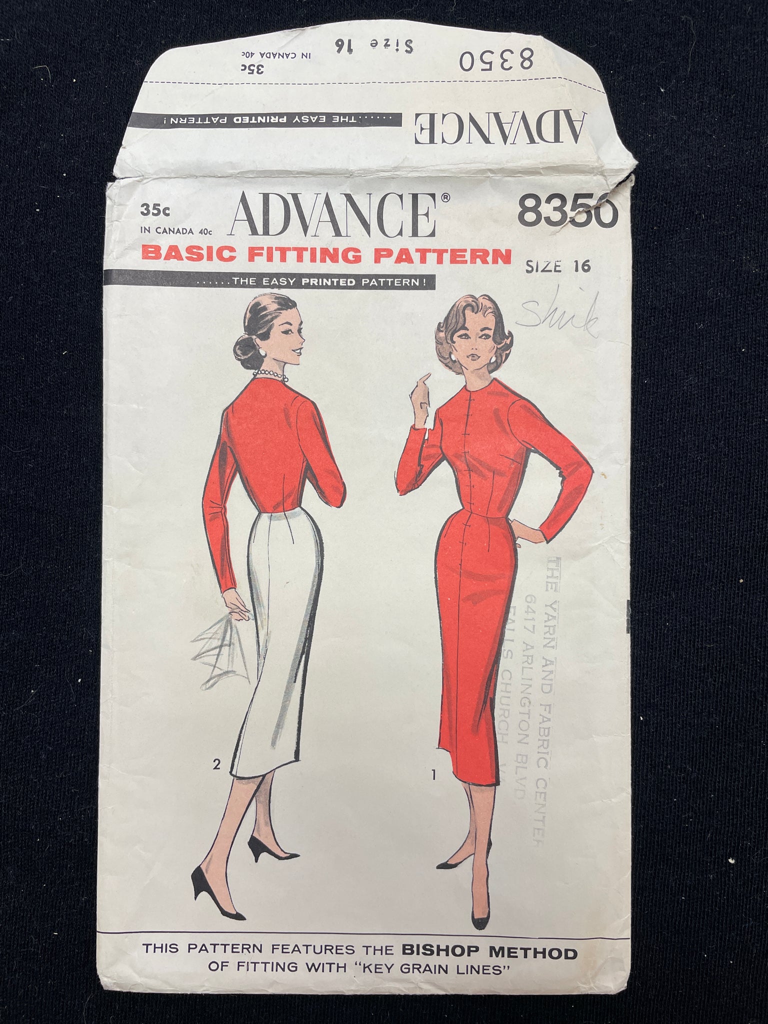 1950's Advance 8350 Sewing Pattern - Adult Basic Fitting Pattern (Dress)