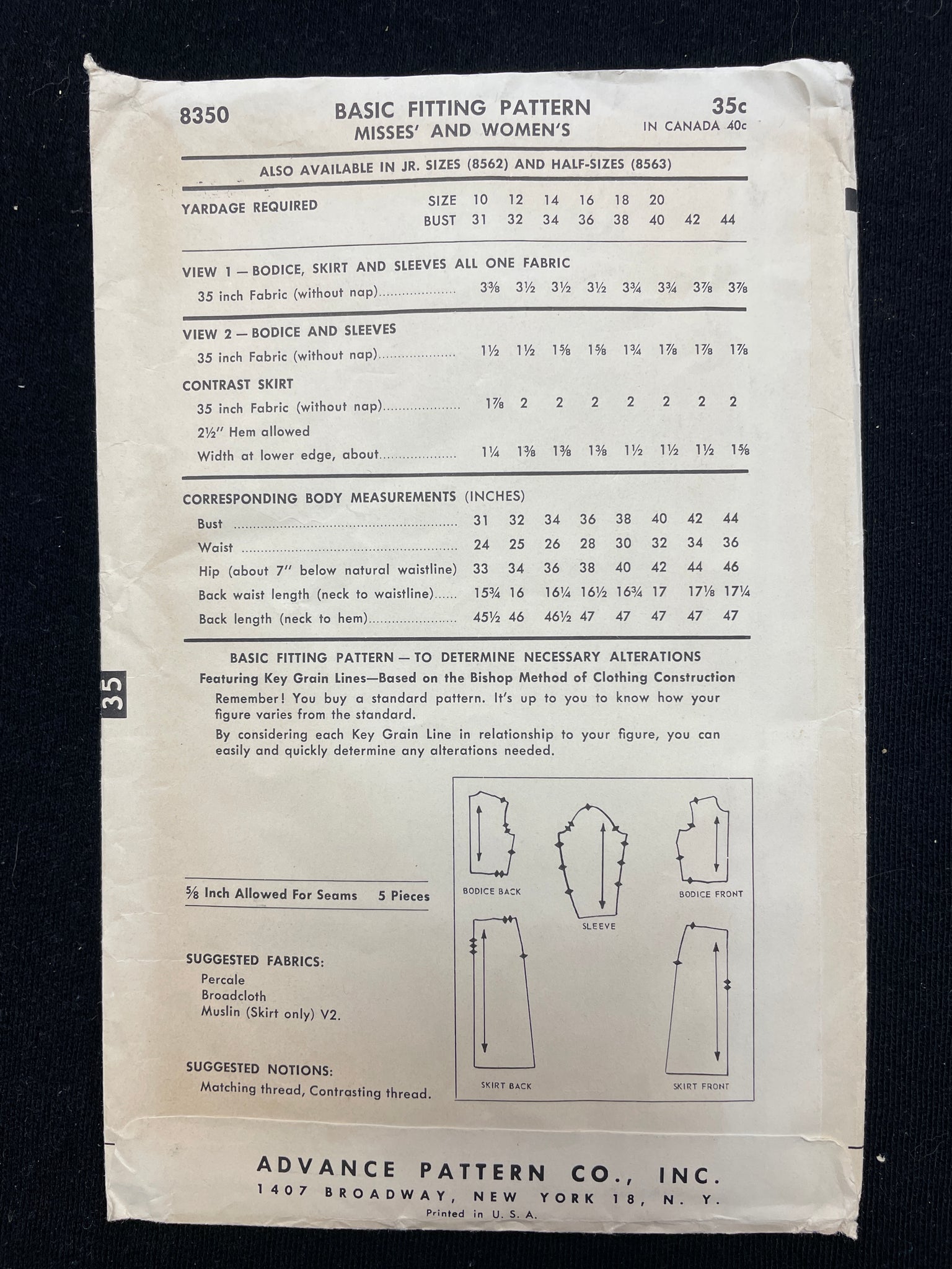 1950's Advance 8350 Sewing Pattern - Adult Basic Fitting Pattern (Dress)