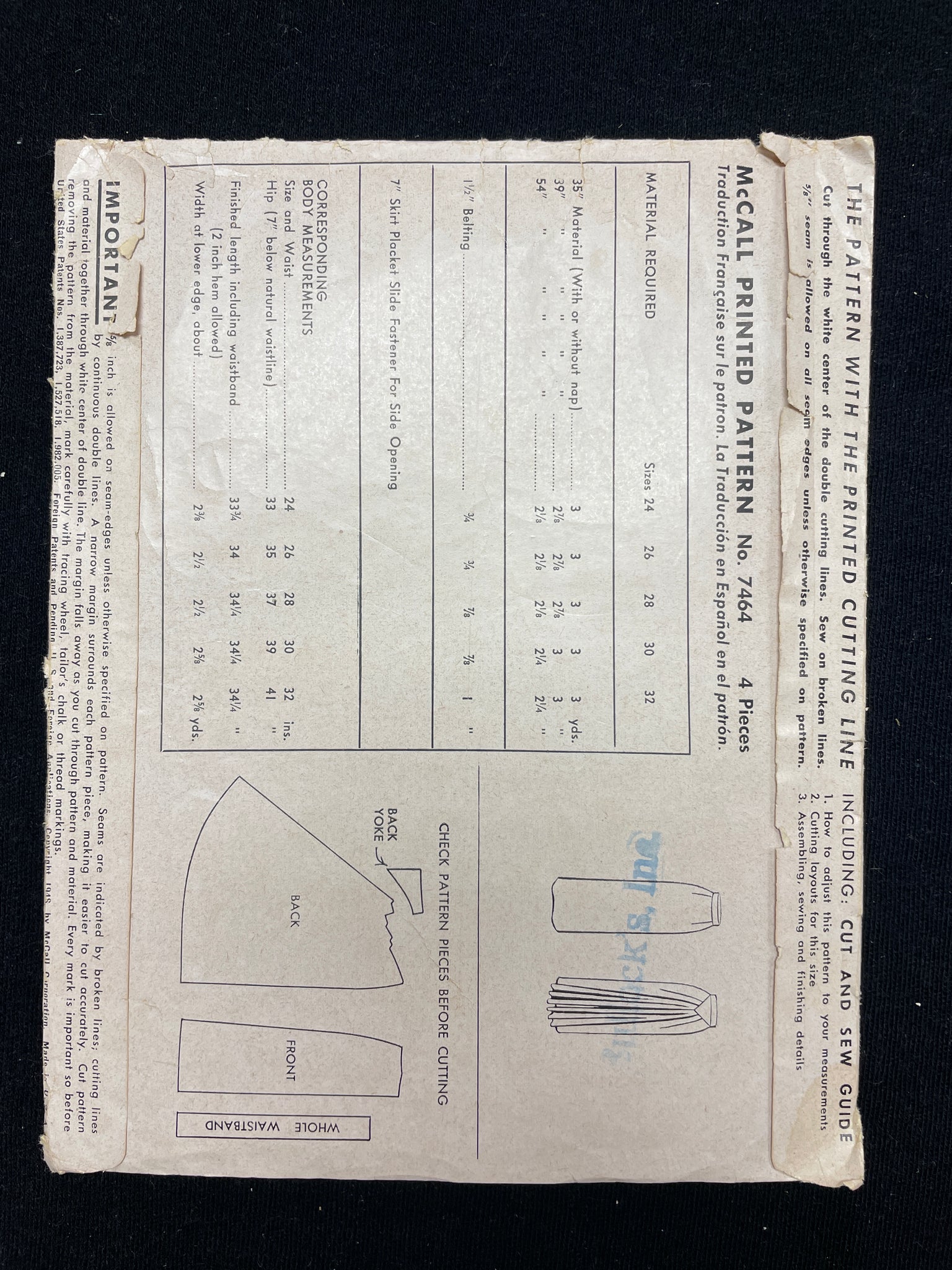 1948 McCall 7464 Sewing Pattern - Adult Skirt