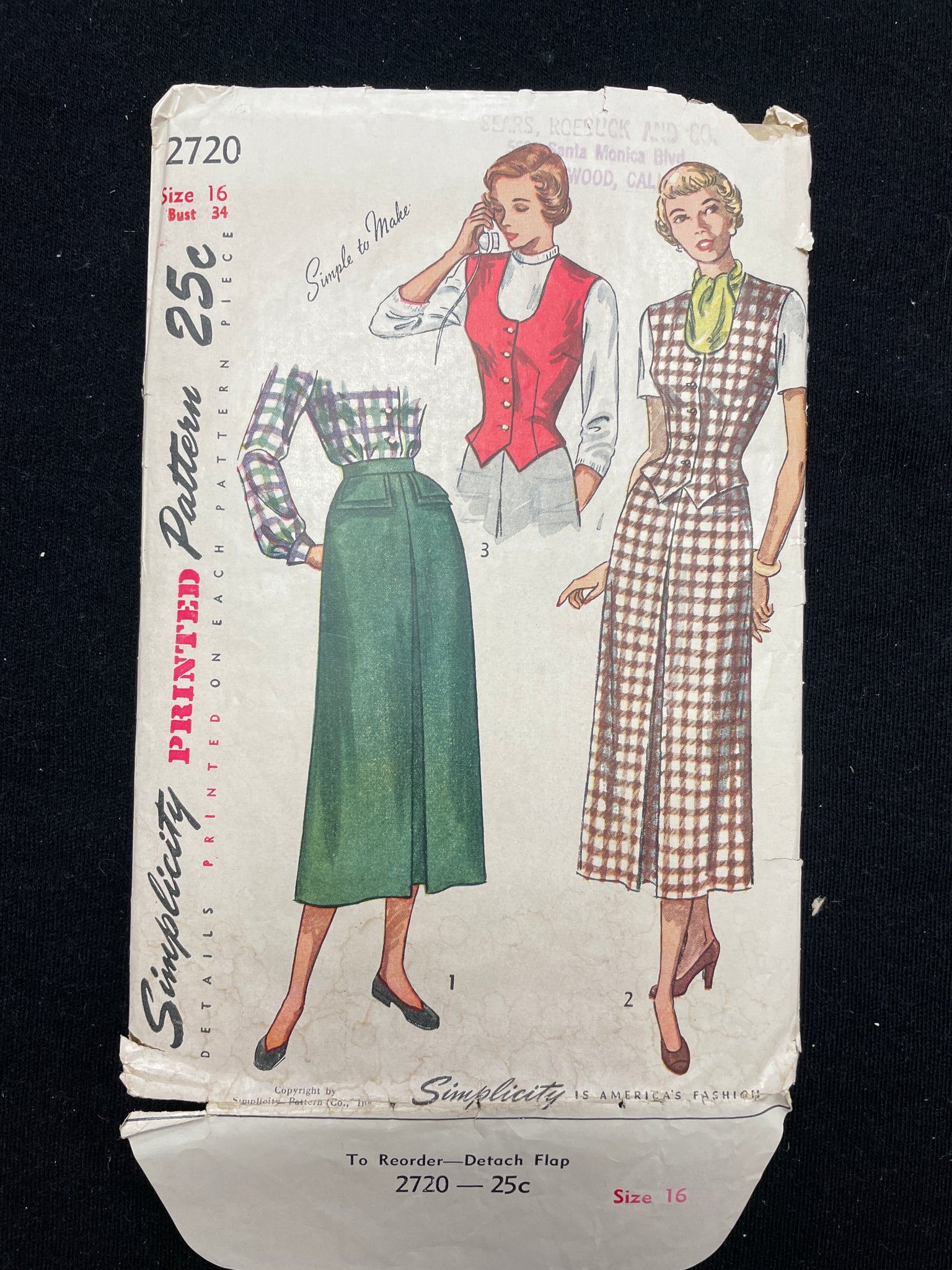 1949 Simplicity 2720 Sewing Pattern - Adult Vest and Skirt