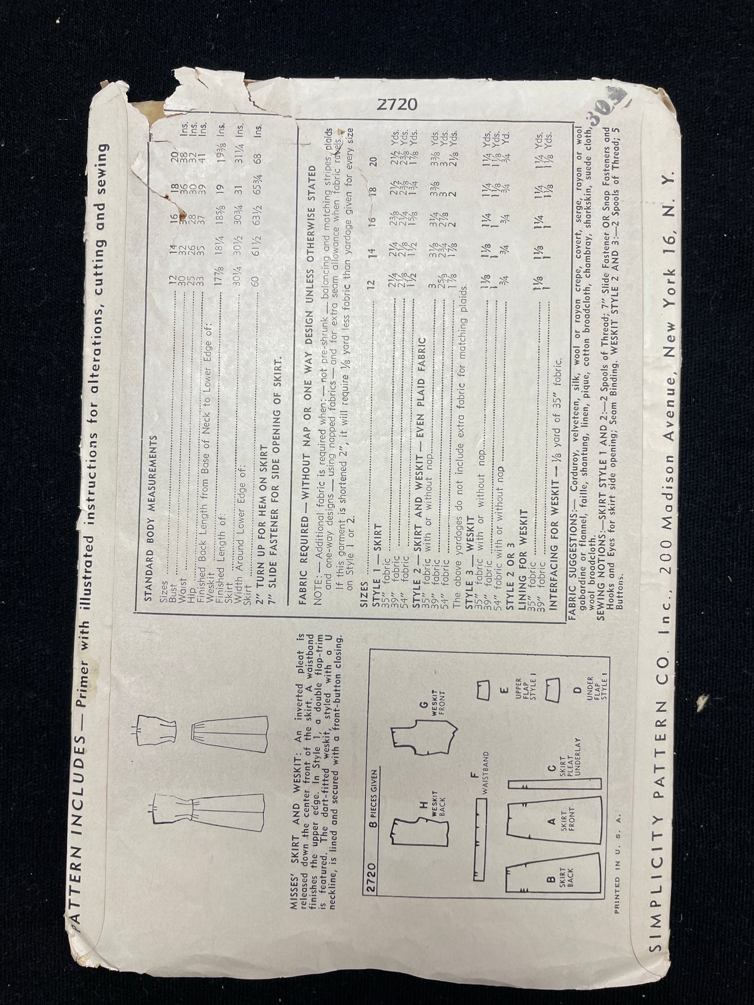 1949 Simplicity 2720 Sewing Pattern - Adult Vest and Skirt