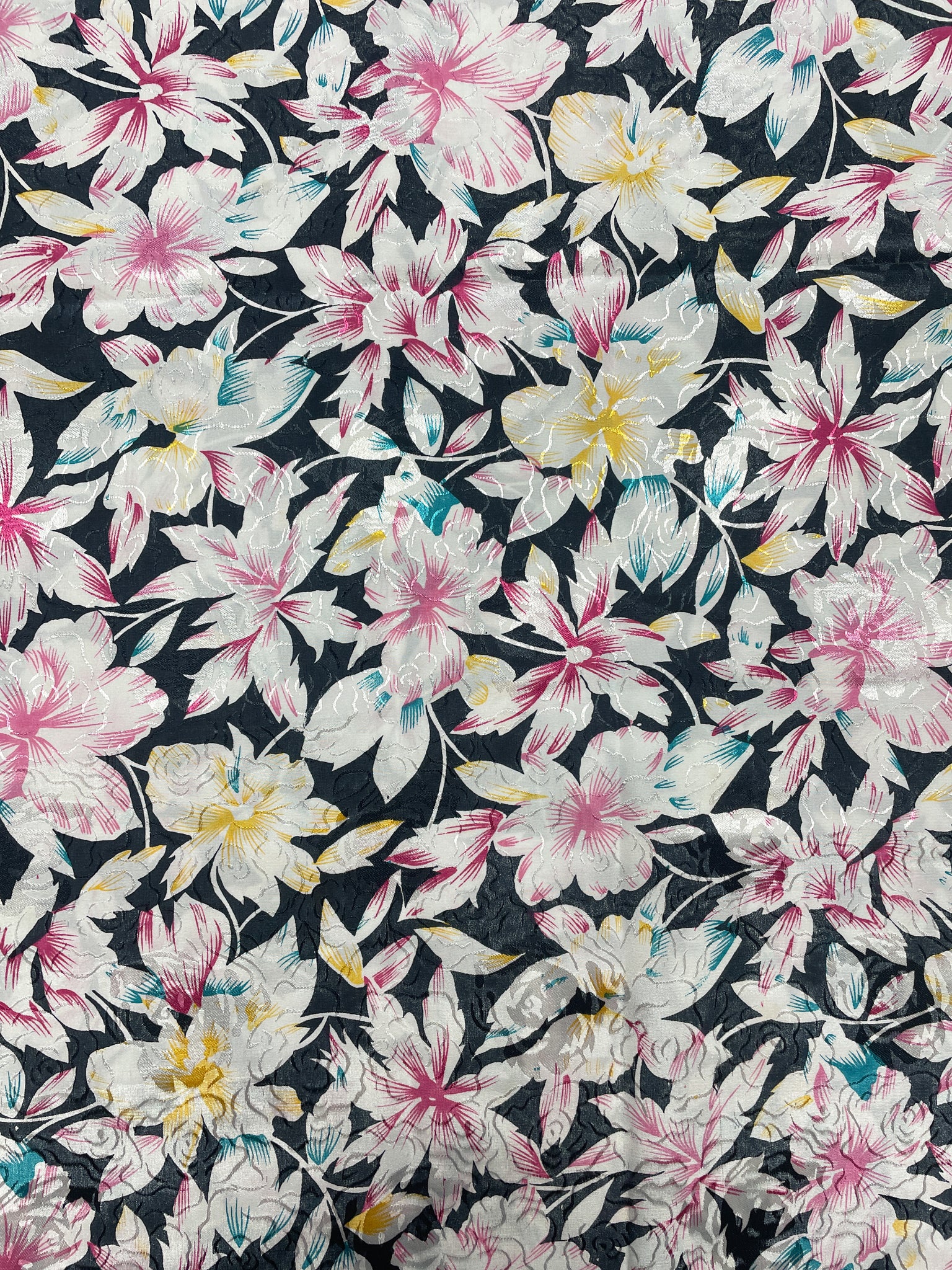 2 YD Polyester Printed Jacquard Vintage - Black with White and Multicolored Flowers