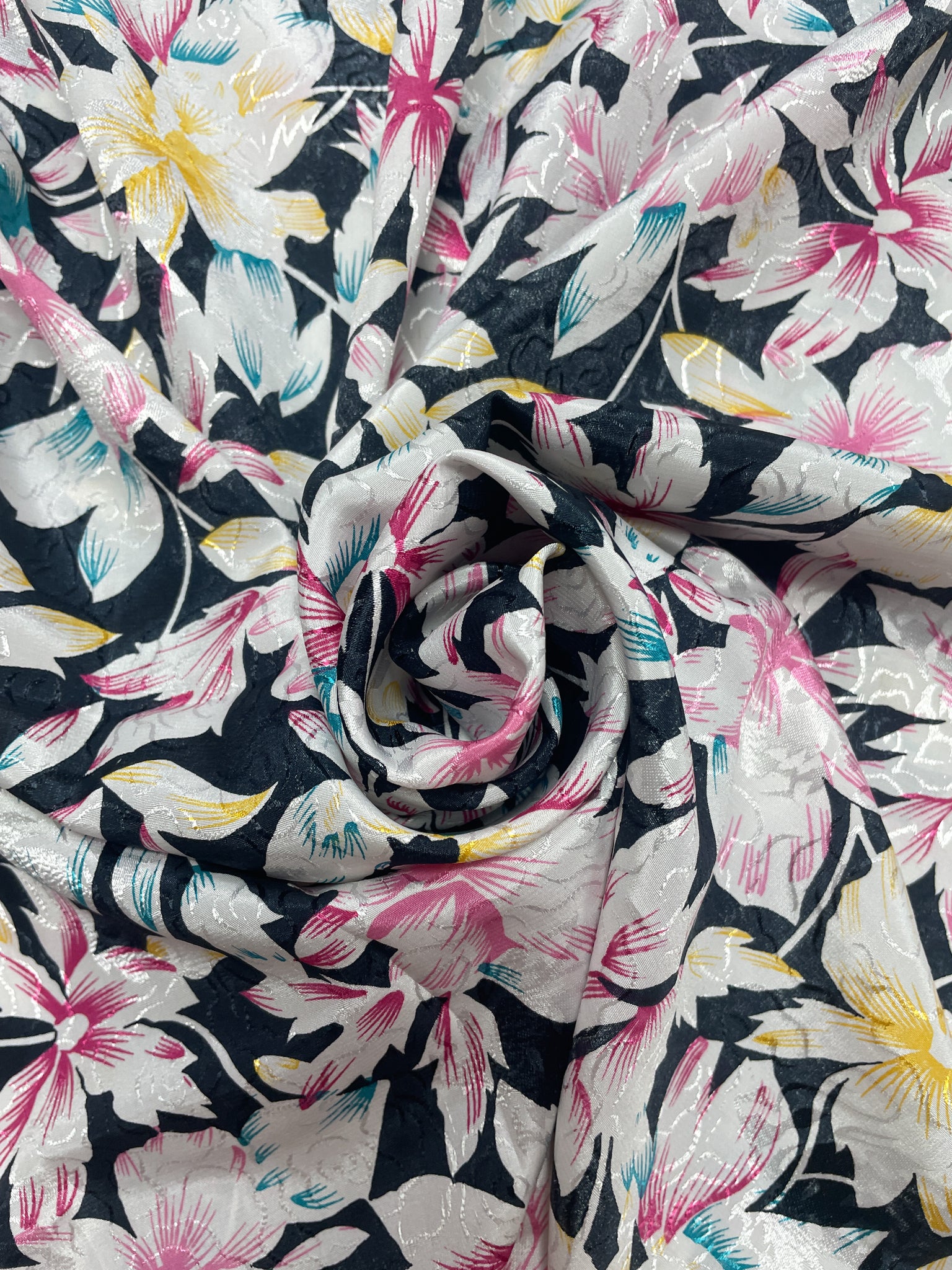 2 YD Polyester Printed Jacquard Vintage - Black with White and Multicolored Flowers