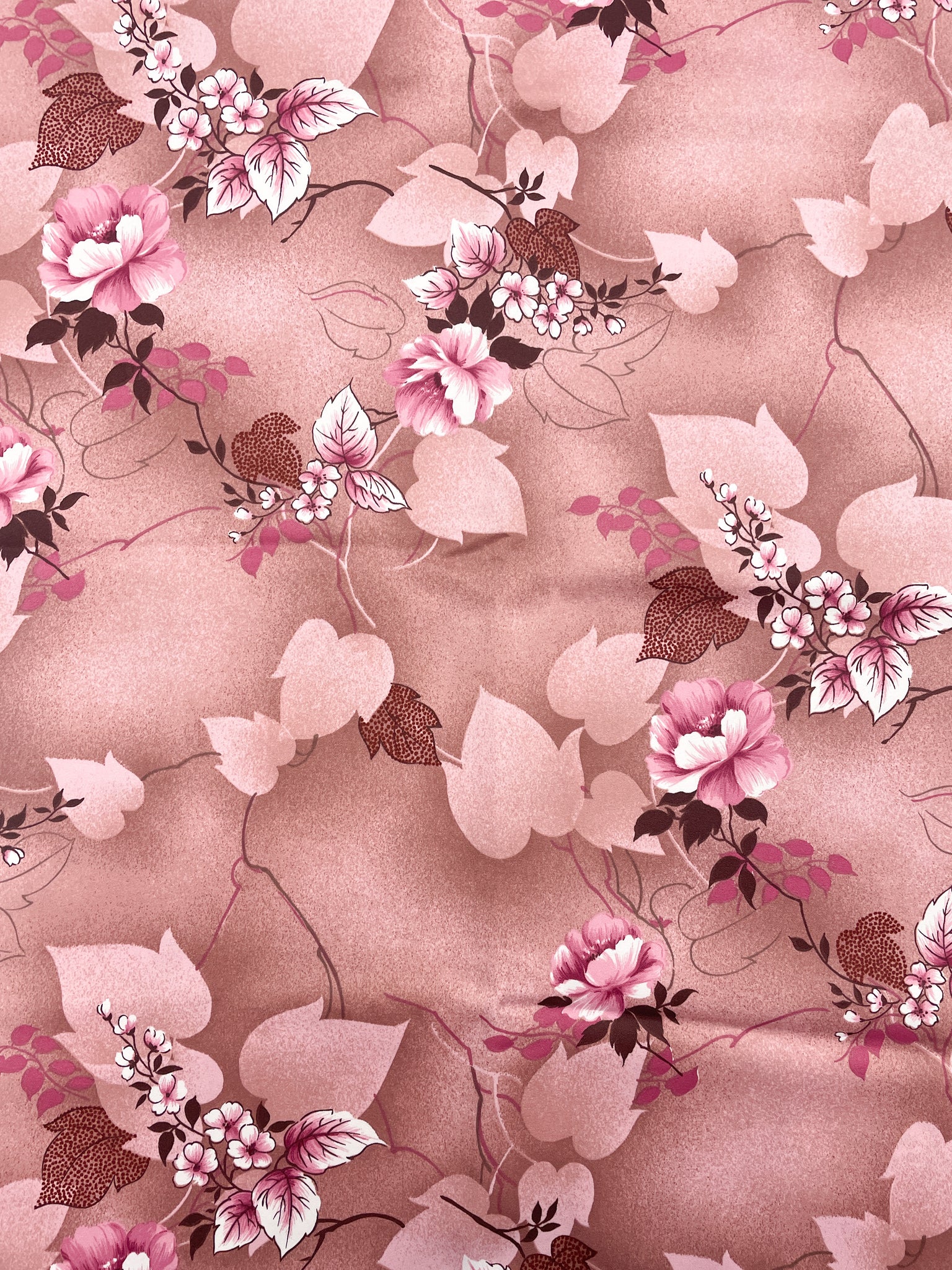 1 3/4 YD Polyester Matte Satin - Mottled Dusty Pink with Flowers and Leaves